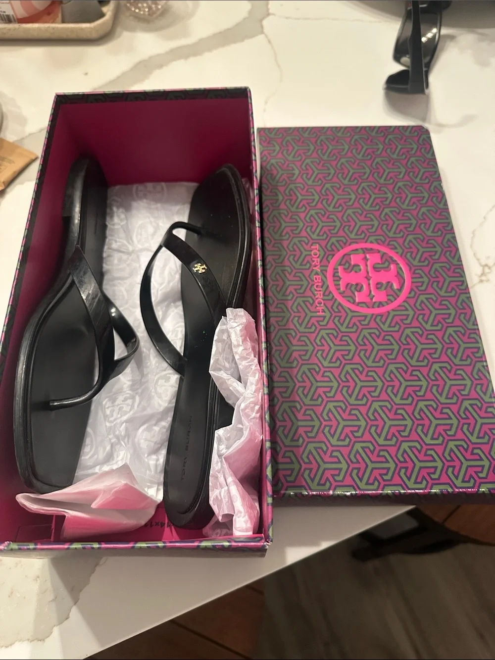 Tory Burch Black Square-Toe Jelly Thong Sandals